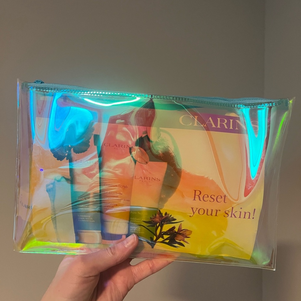 Clarins Iridescent Cosmetic Pouch with Sample Sizes